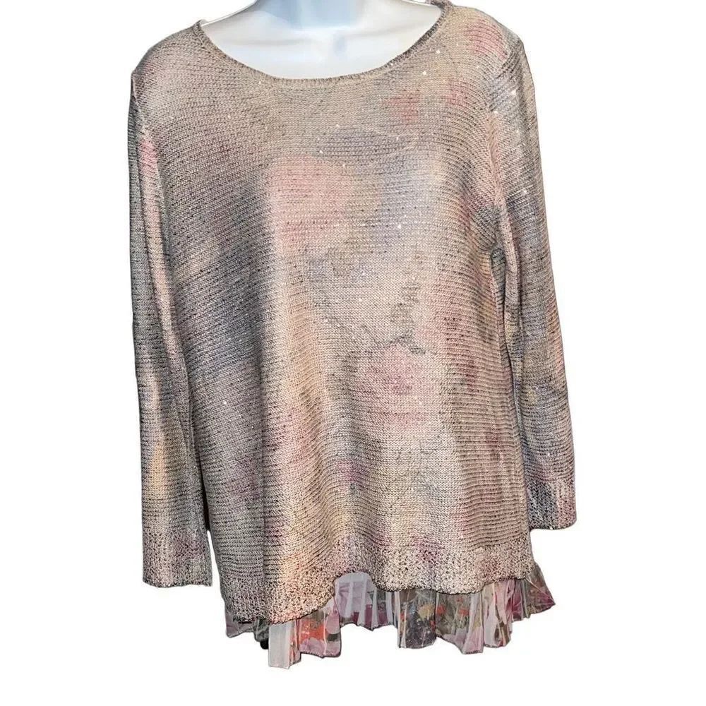 Sioni Women Knitted Long Sleeve Floral Blouse with Pleated Skirt Beneath Medium